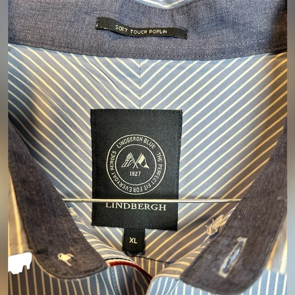 Lindbergh Blue White Stripe Soft Touch Poplin Button Down Size XL - Picture 3 of 8
